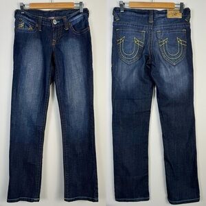 True Religion Big T Straight Leg Medium Wash Jeans Multicolor Stitching Sz 28